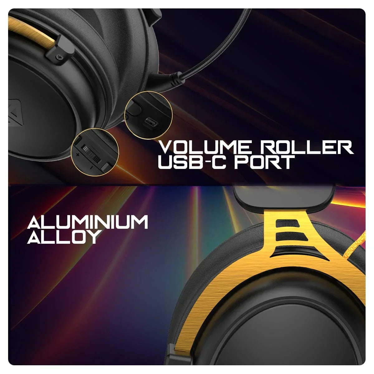 Gaming headset with aluminum alloy frame, USB-C port, and volume roller control