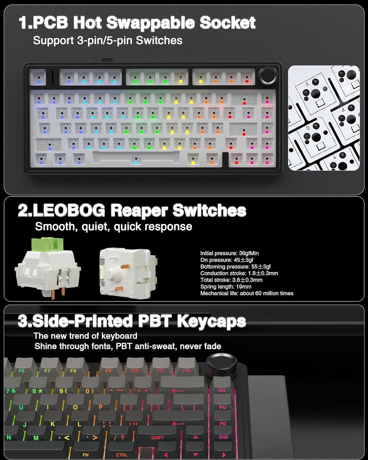 AULA F75 - 75% Wireless Mechanical Keyboard (Side-Engraved + Gradient-Gray Reaper Switch) - Vrkaa