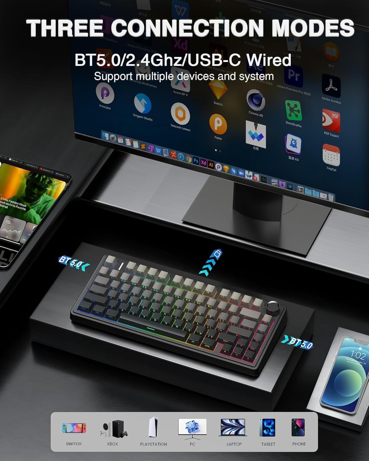 AULA F75 - 75% Wireless Mechanical Keyboard (Side-Engraved + Gradient-Gray Reaper Switch) - Vrkaa