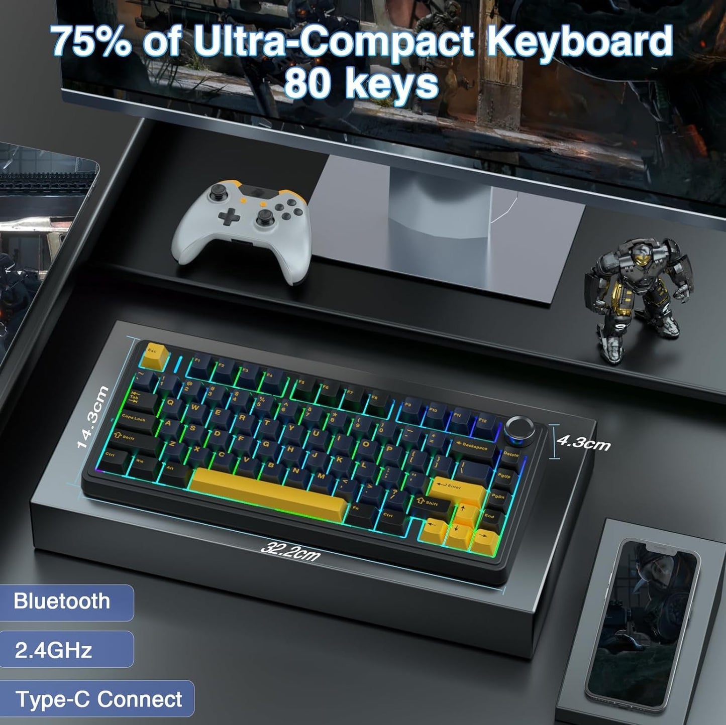 AULA F75 - 75% Wireless Mechanical Keyboard (Thunder Black, Graywood Switch) - Vrkaa