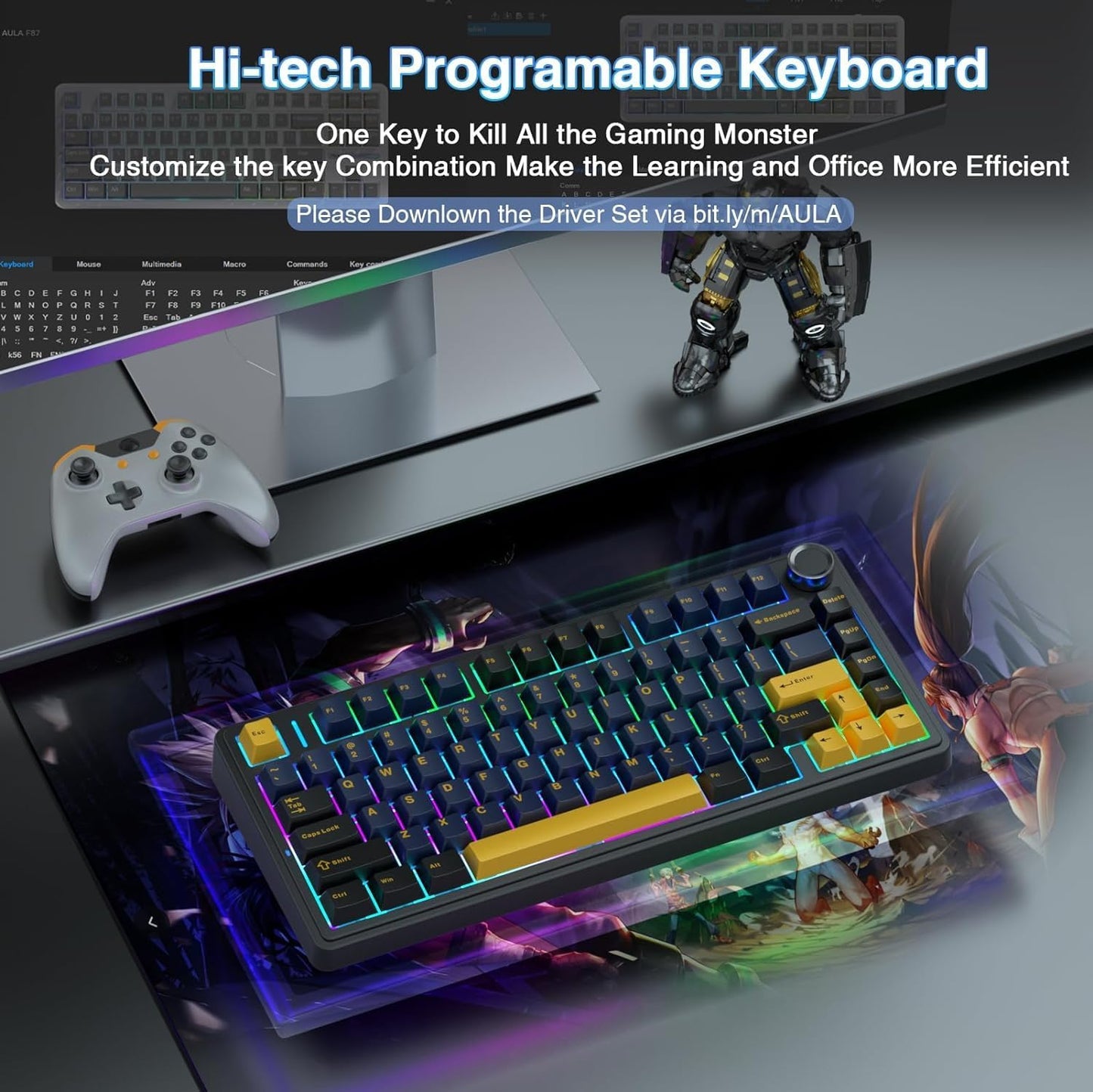 AULA F75 - 75% Wireless Mechanical Keyboard (Thunder Black, Graywood Switch) - Vrkaa