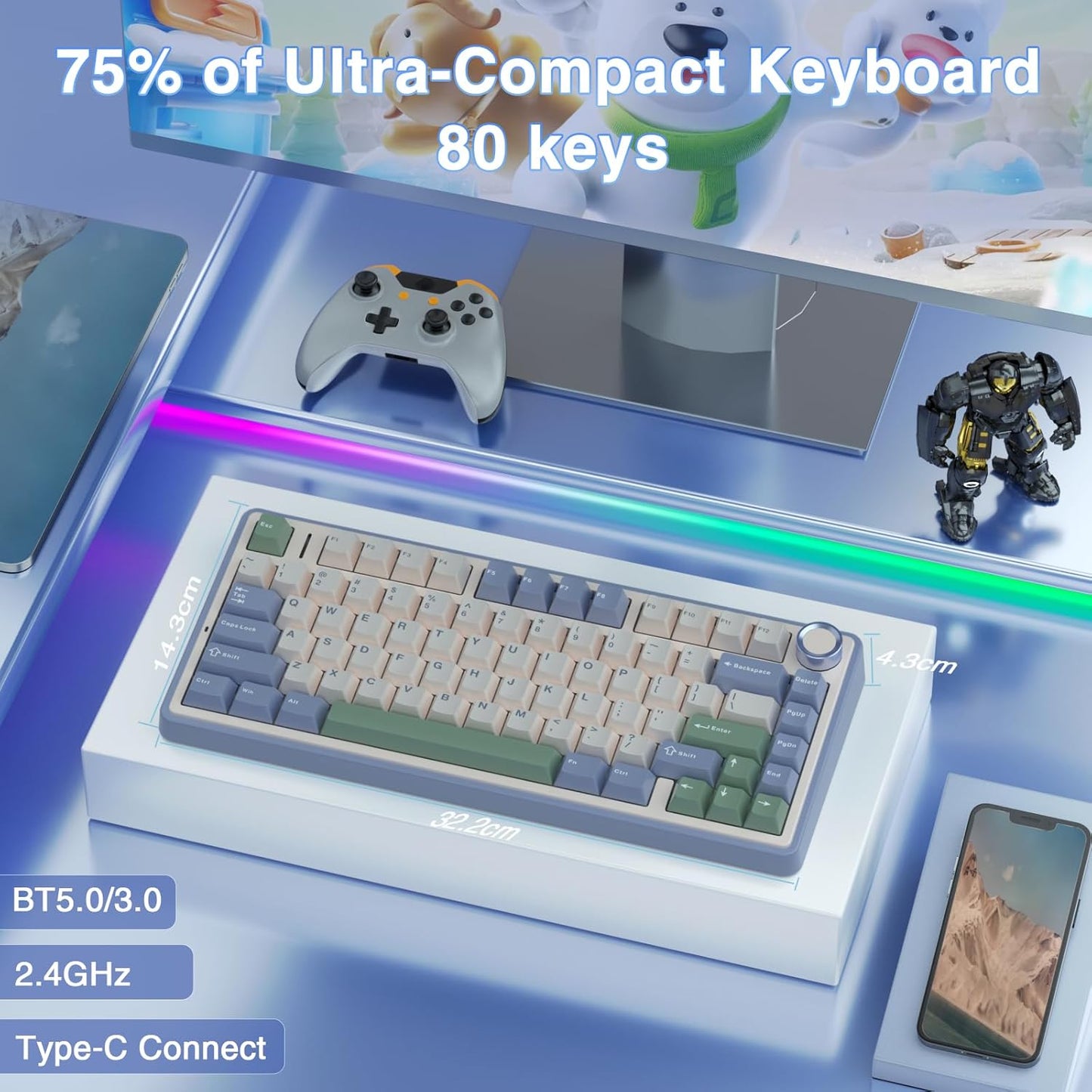 AULA F75 - 75% Wireless Mechanical Keyboard (Cedar Green, Reaper Switch) - Vrkaa