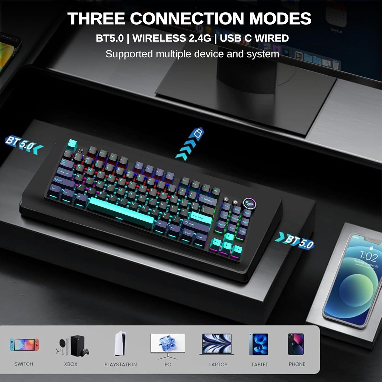 AULA M75 Tri-Mode Mechanical Gaming Keyboard (Blue + Black + Green) - Vrkaa