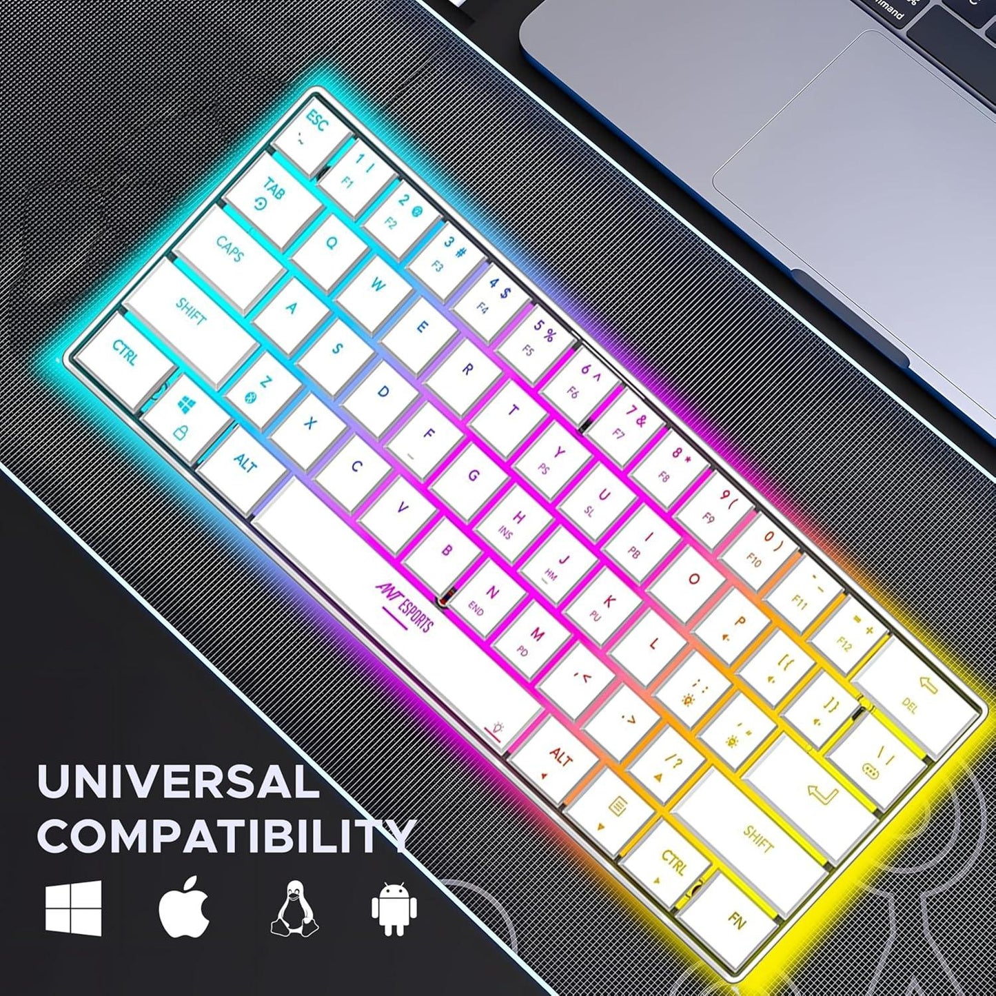 RGB backlit mechanical gaming keyboard with universal compatibility icons next to a laptop