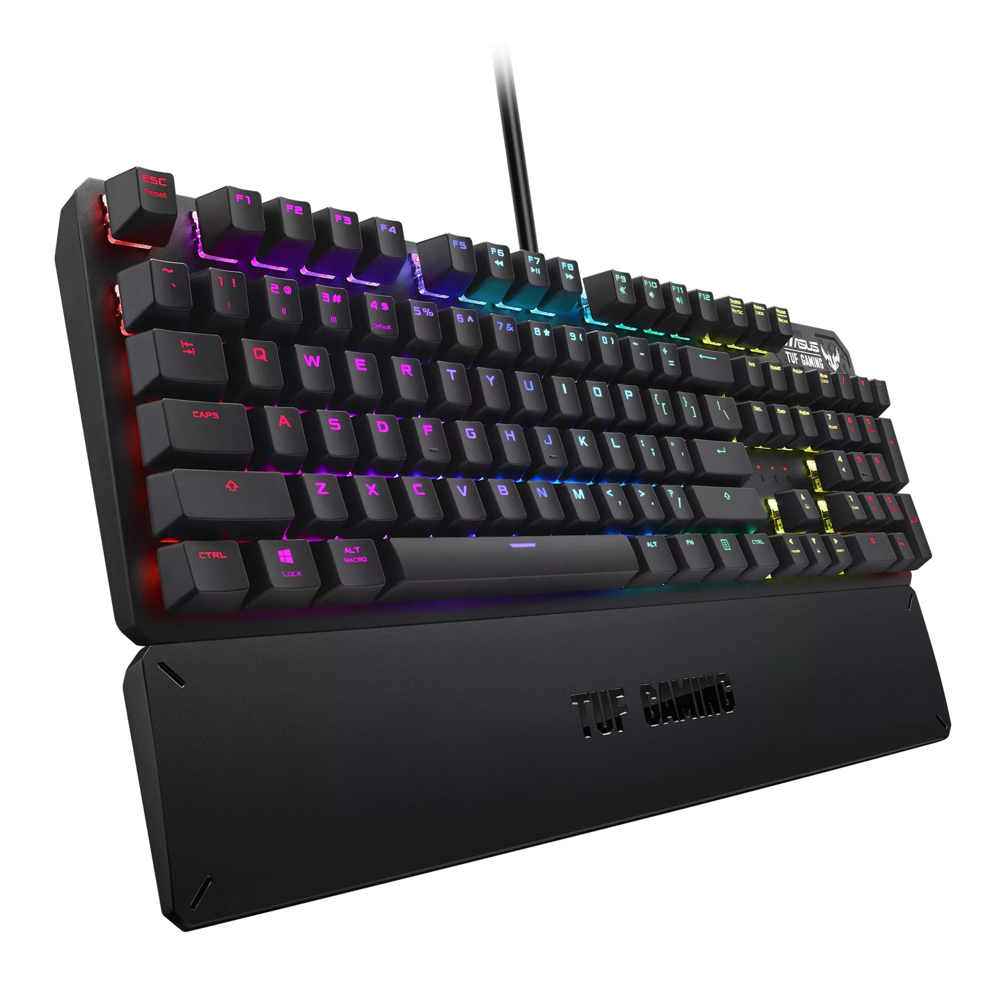 RGB backlit mechanical gaming keyboard with wrist rest on black background