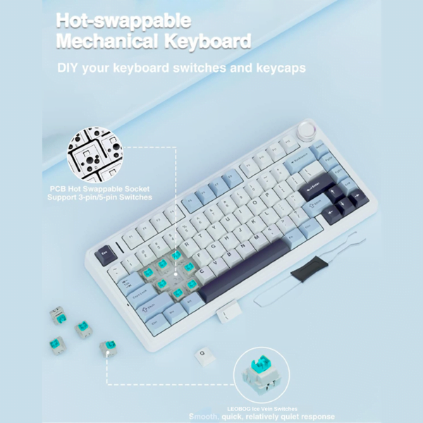 AULA F75 - 75% Wireless Mechanical Gaming Keyboard Ice Blue (Ice Vein Switches) - Vrkaa