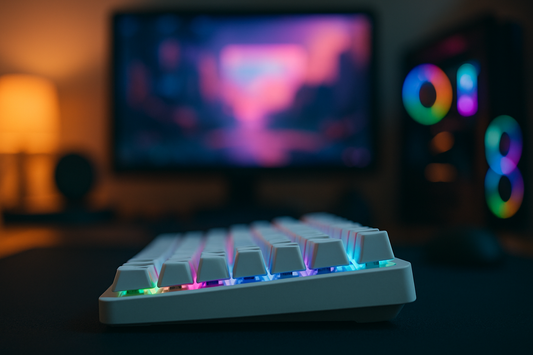 White RGB mechanical keyboard on gaming desk with PC and monitor in background