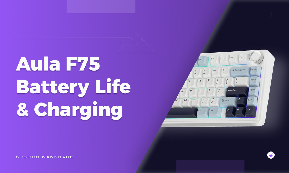 A graphic saying "Aula F75 Battery Life & Charging" - Vrkaa