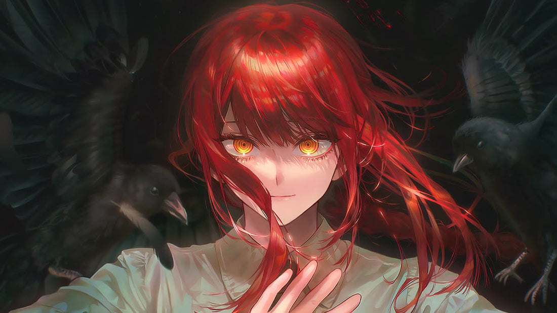 Anime girl with bright red hair and glowing eyes, surrounded by black crows in a dark setting