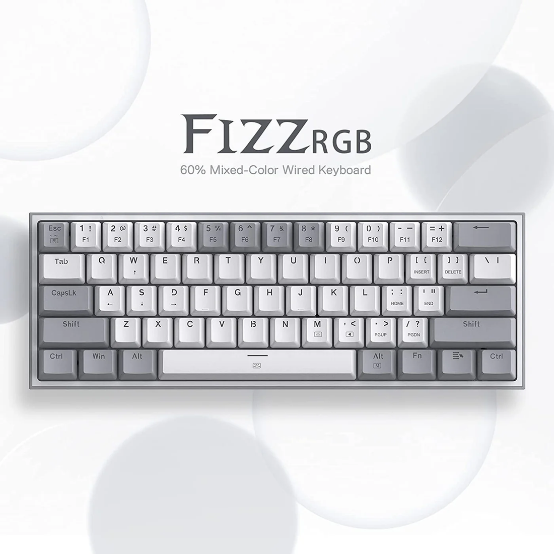 60% RGB wired mechanical keyboard with gray and white mixed keycaps on a light background