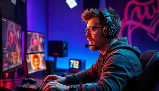 Male gamer with headset using dual monitors and mechanical keyboard in RGB-lit gaming setup