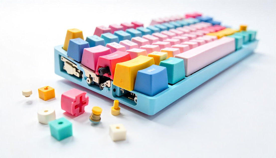 Colorful exploded view of a mechanical gaming keyboard with detached keycaps and switches