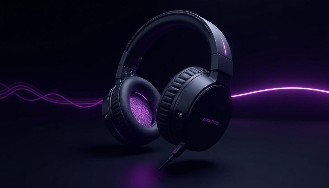 Black gaming headset with purple LED lighting on earcups and headband, shown on a dark background
