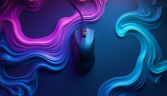 Top view of a sleek ergonomic gaming mouse on a blue surface with colorful lighting effects