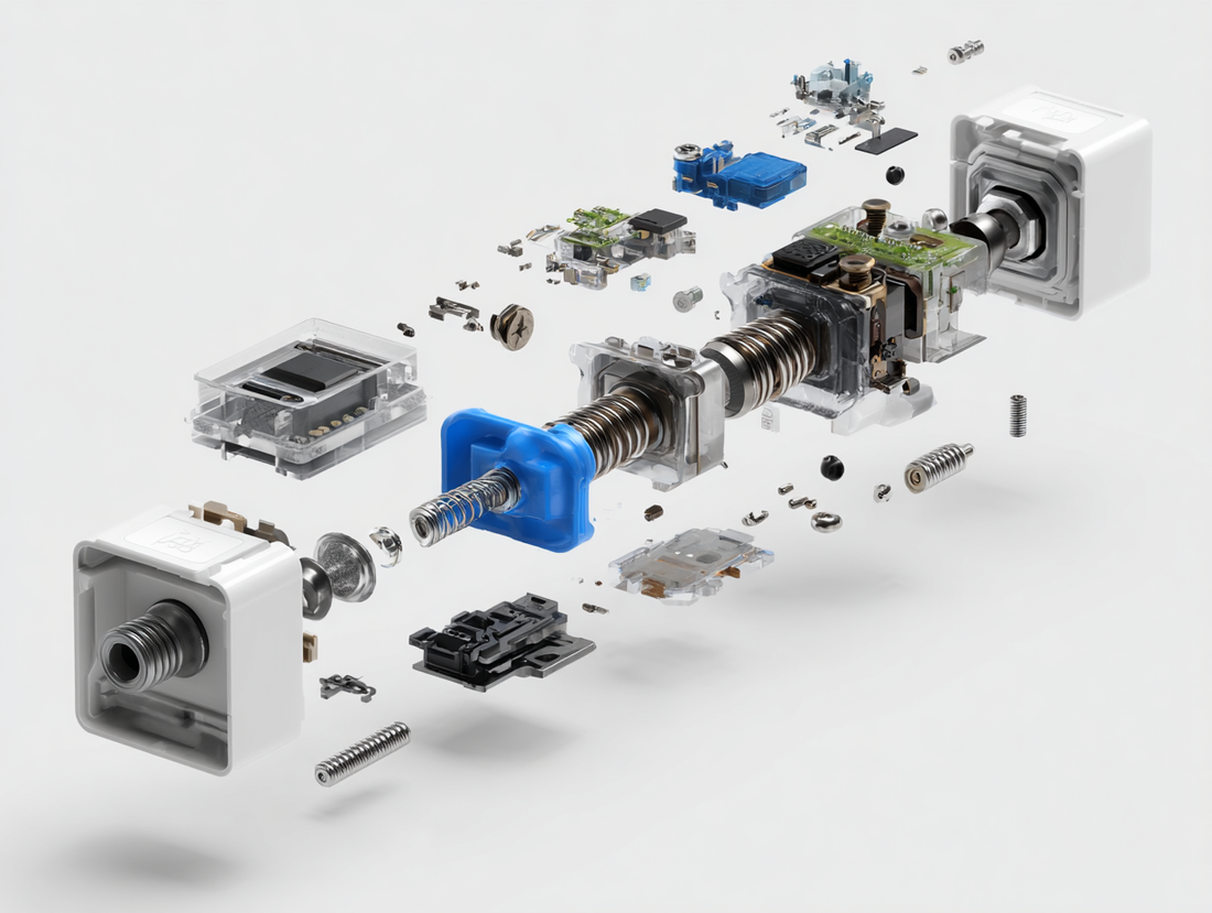 Exploded view of a mechanical keyboard switch with springs, housings, and electronic components.