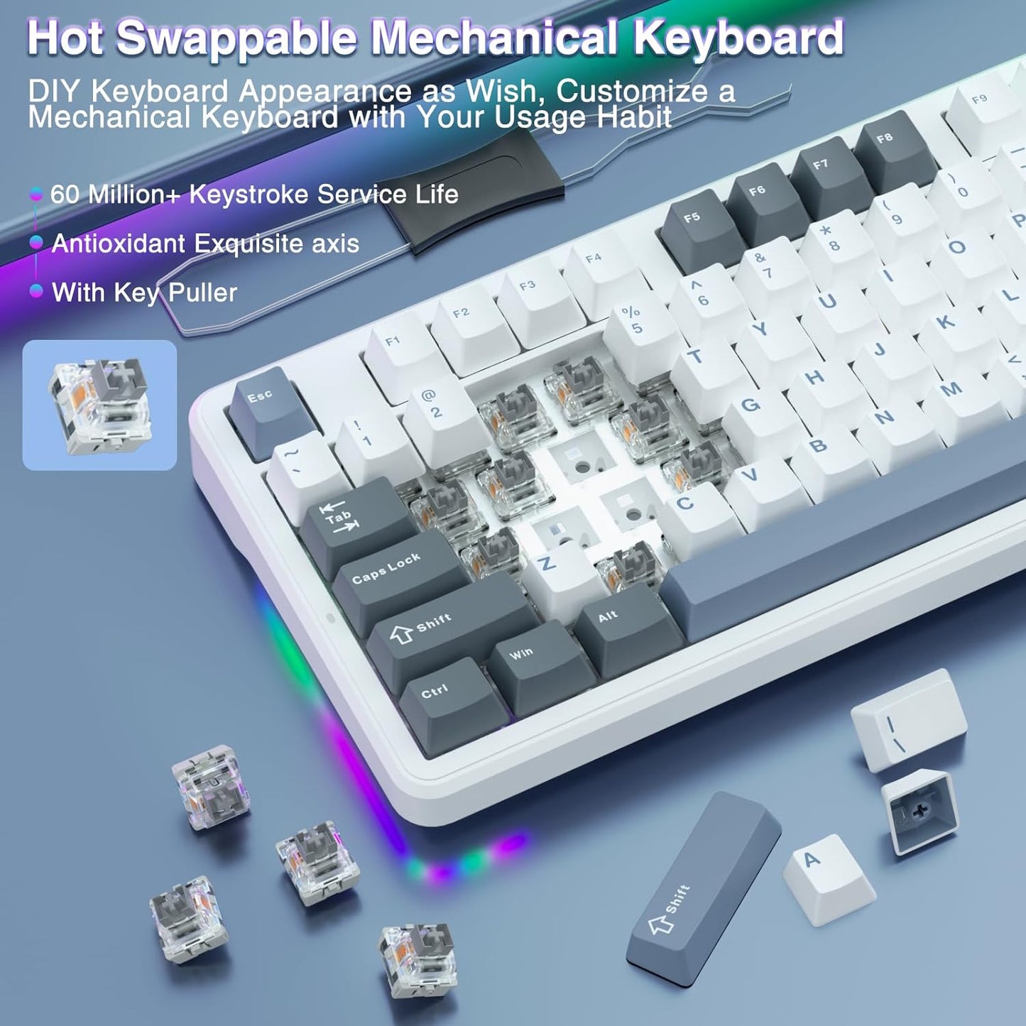 AULA F87 Wireless Trio Mode Mechanical Gaming Keyboard (Smoke Blue – Gray Wood Switch V3) - Vrkaa