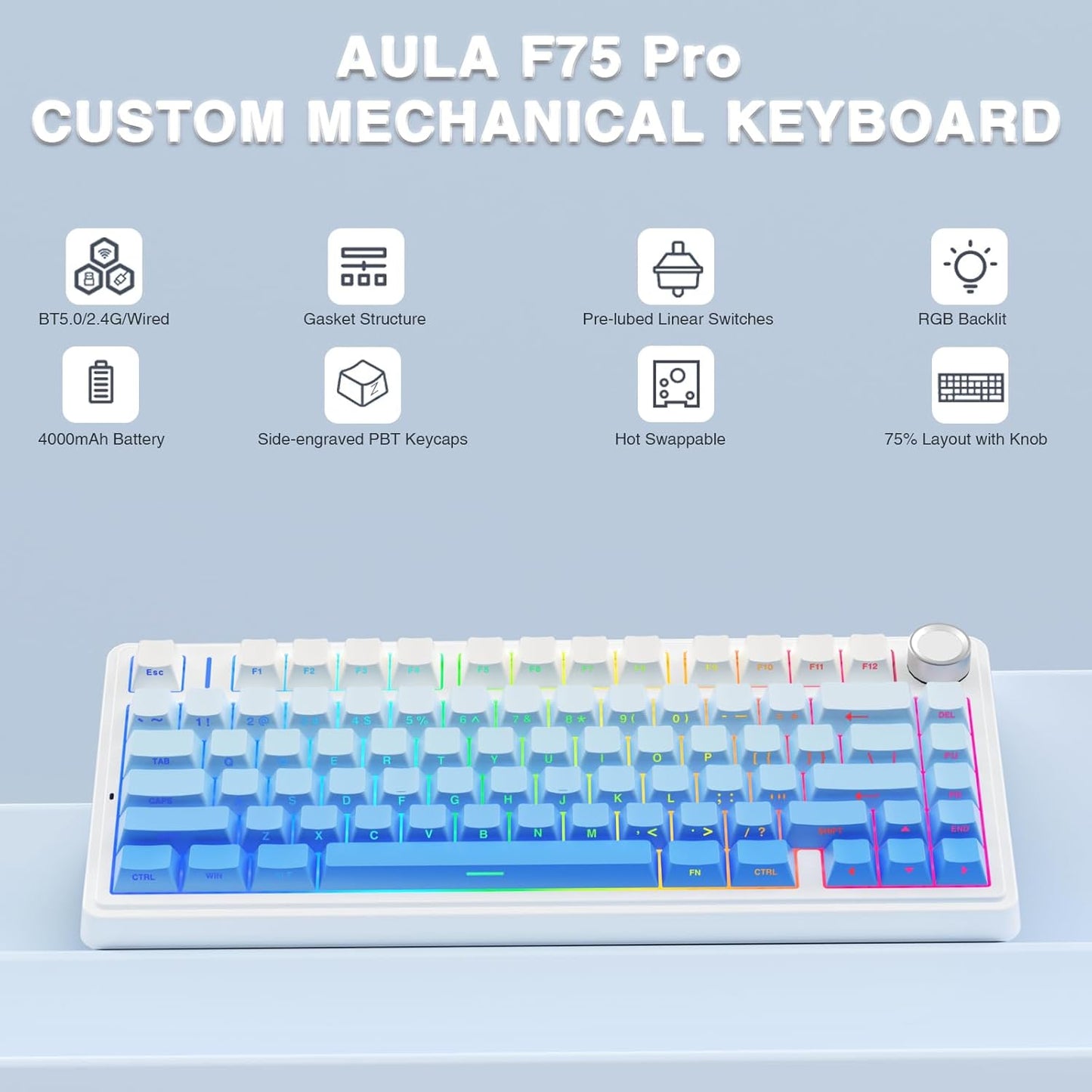 Aula F75 Gradient Blue Wireless Mechanical Keyboard with Star Vector switches