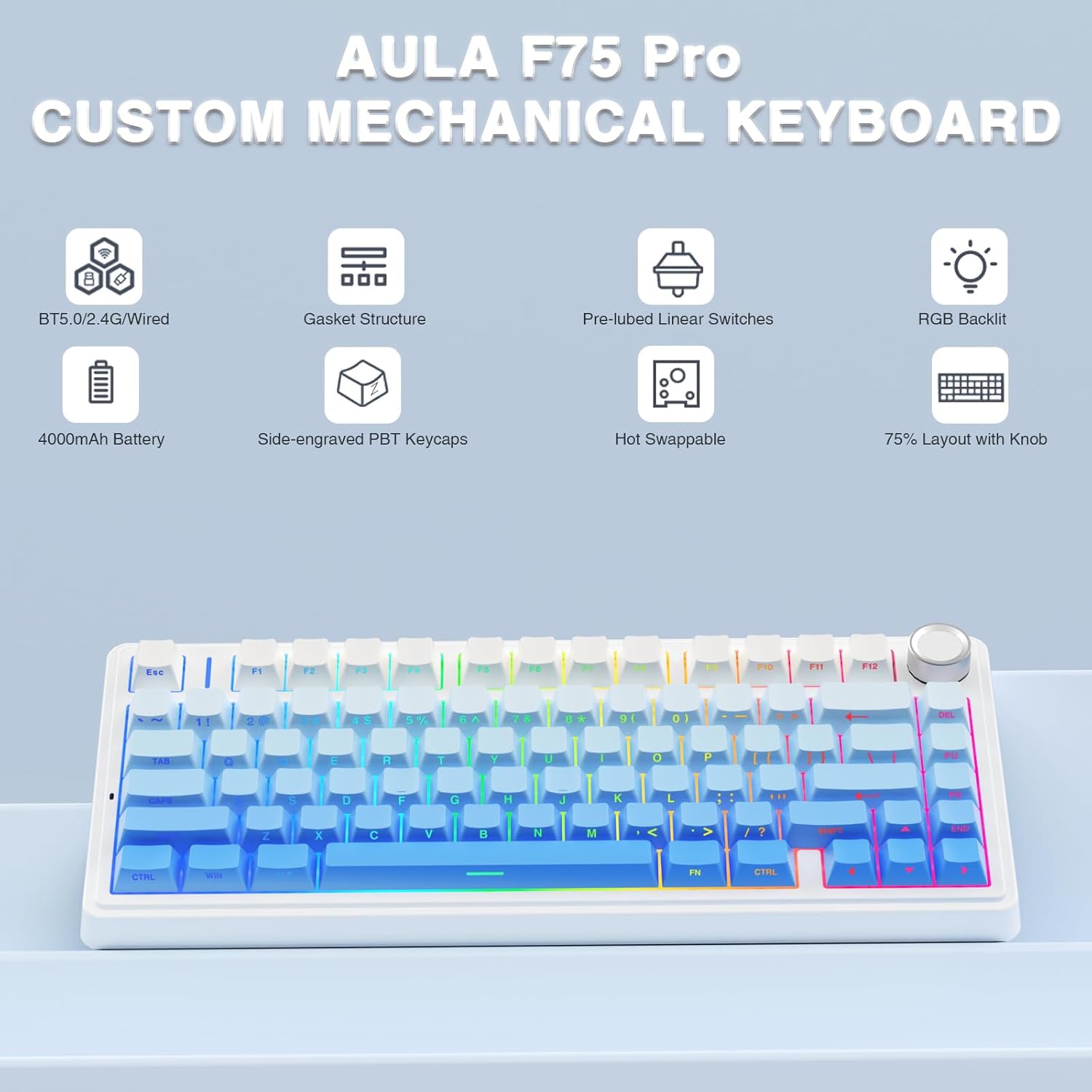 Aula F75 Gradient Blue Wireless Mechanical Keyboard with Star Vector switches