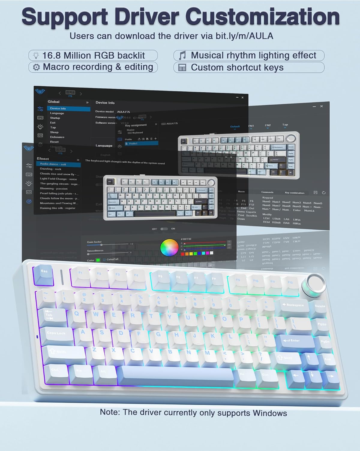 Aula F75 Sea Blue Wireless Mechanical Keyboard Graywood switches