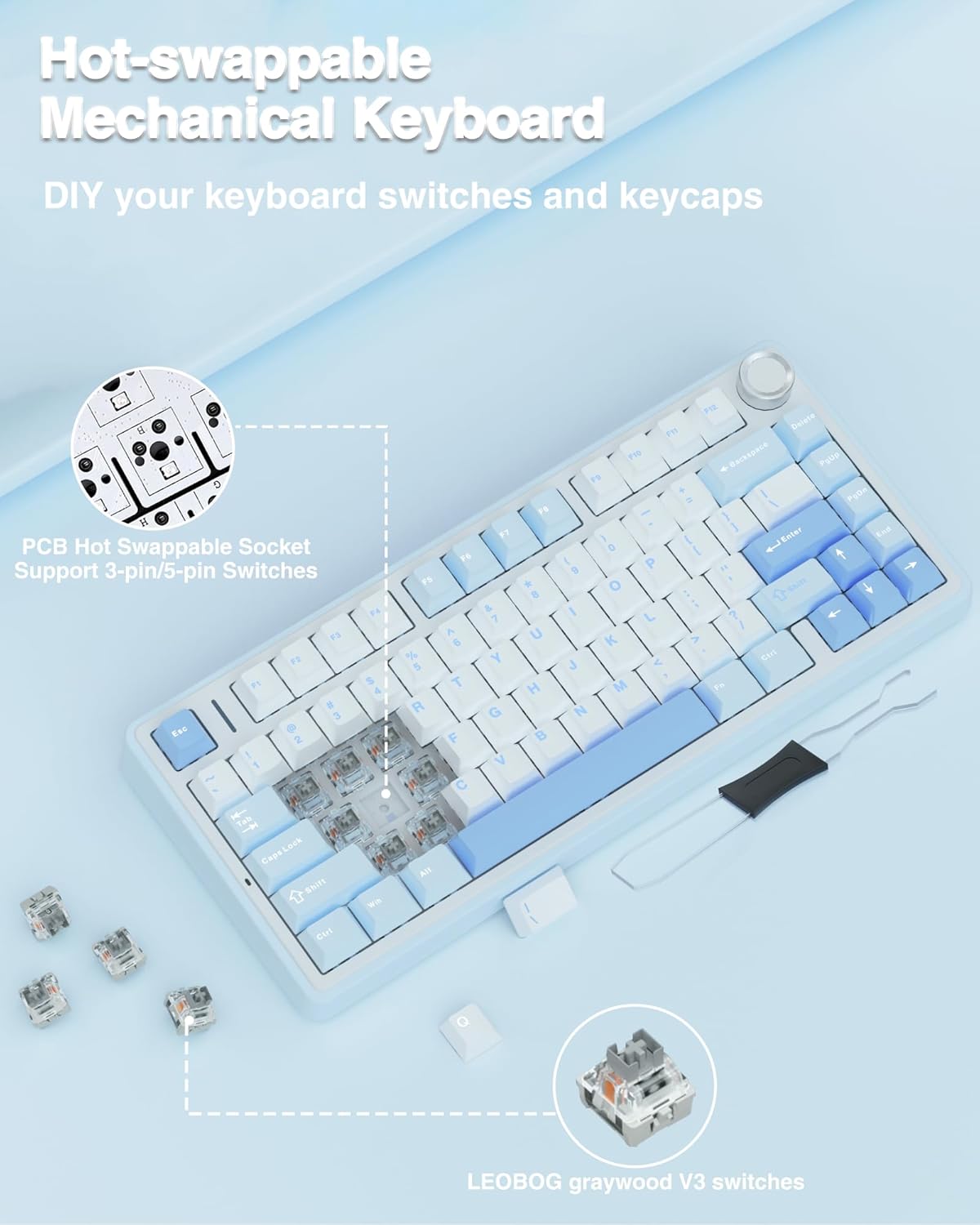 Aula F75 Sea Blue Wireless Mechanical Keyboard Graywood switches