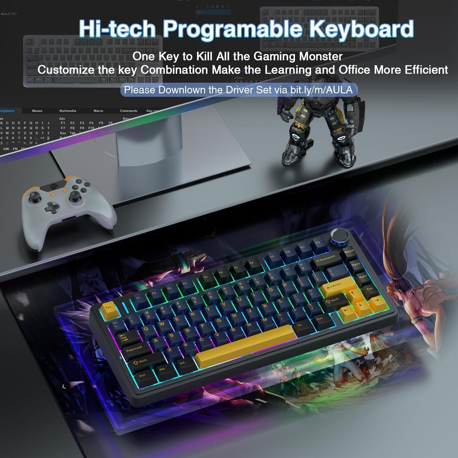 Aula F75 Thunder Black Wireless Mechanical Keyboard Graywood Switches