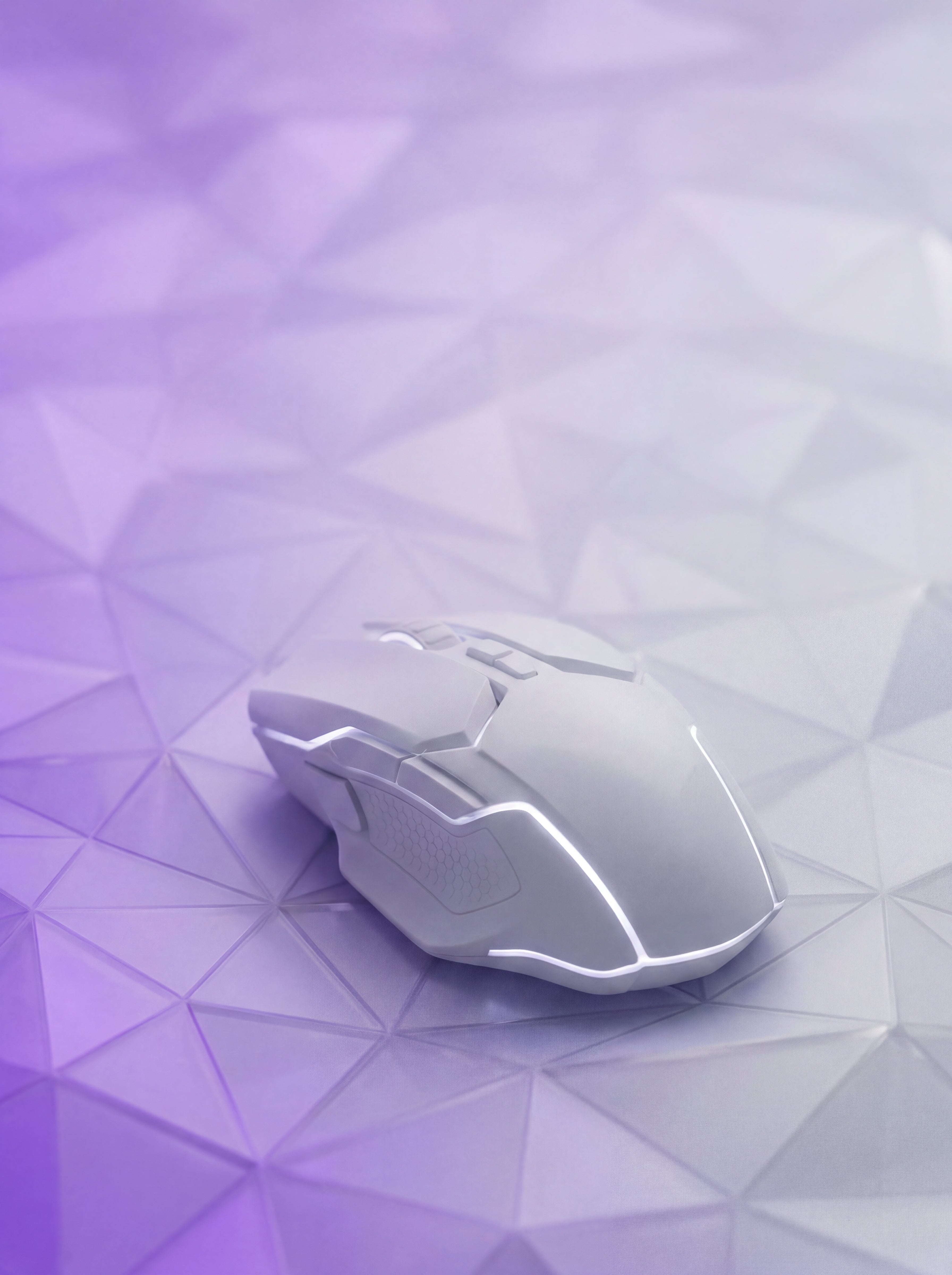 Polygonal purple gaming mouse on purple-white background, abstract video game accessory Vrkaa style art