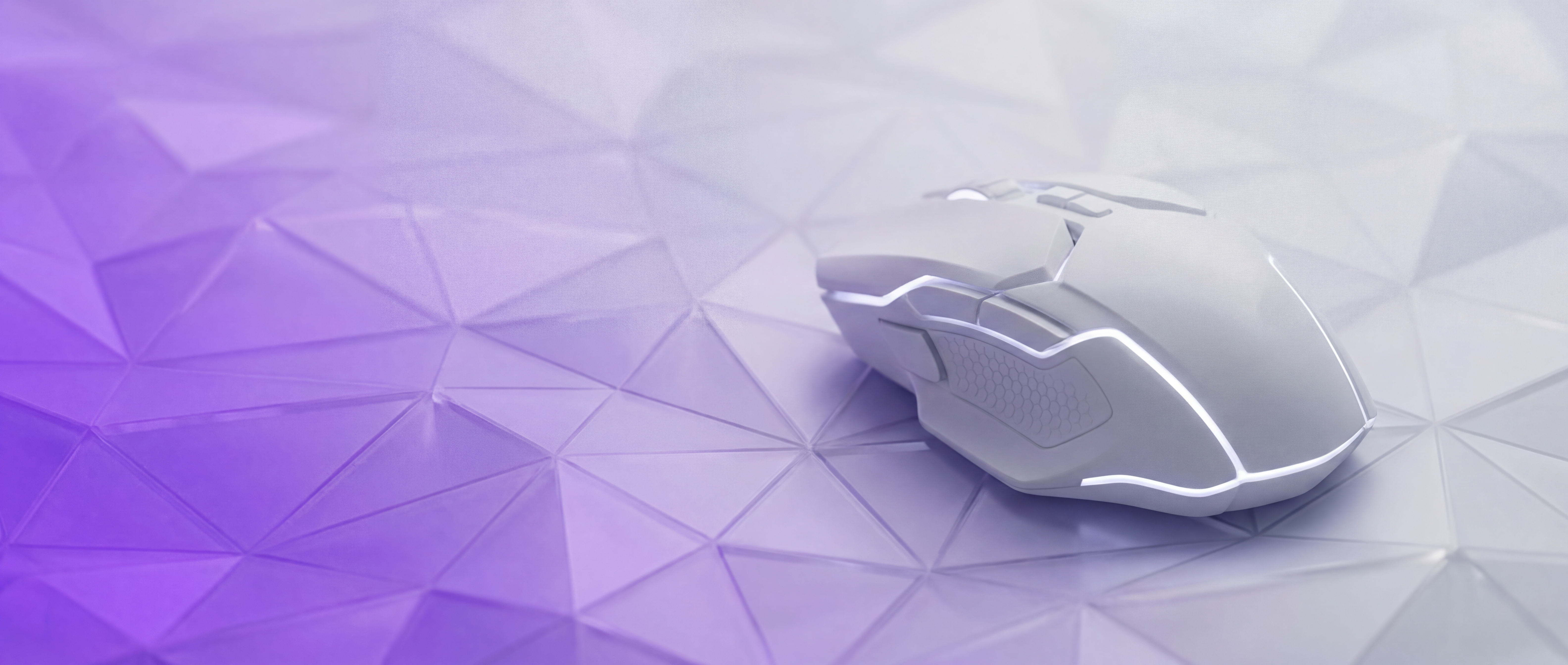 Polygonal purple gaming mouse on purple-white background, abstract video game accessory Vrkaa style horizontal art